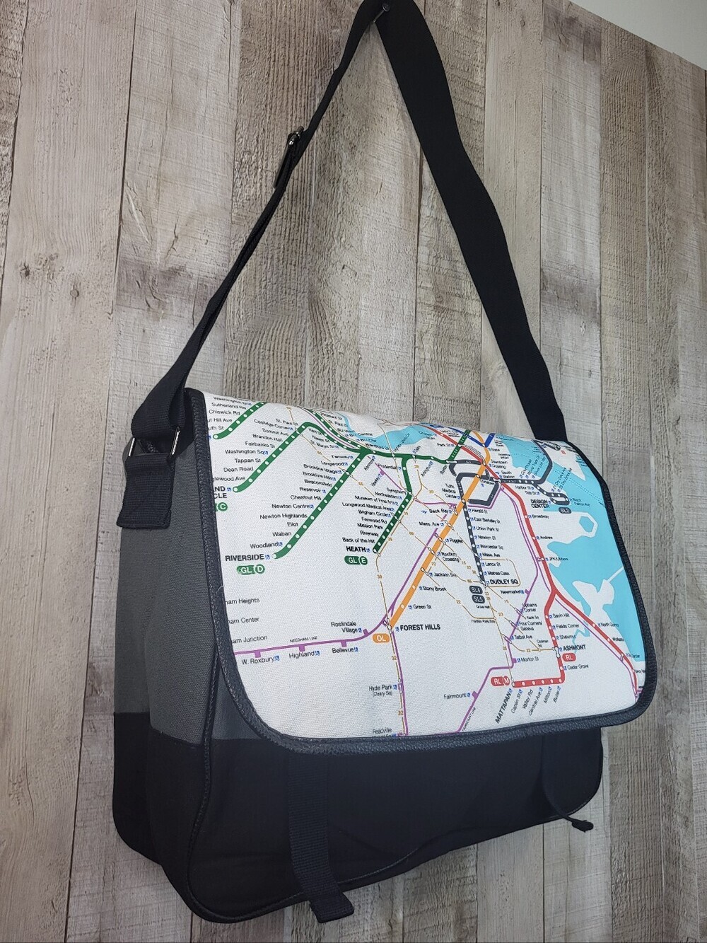 Boston Subway System Map Print Black and Gray Messenger Bag. NWT